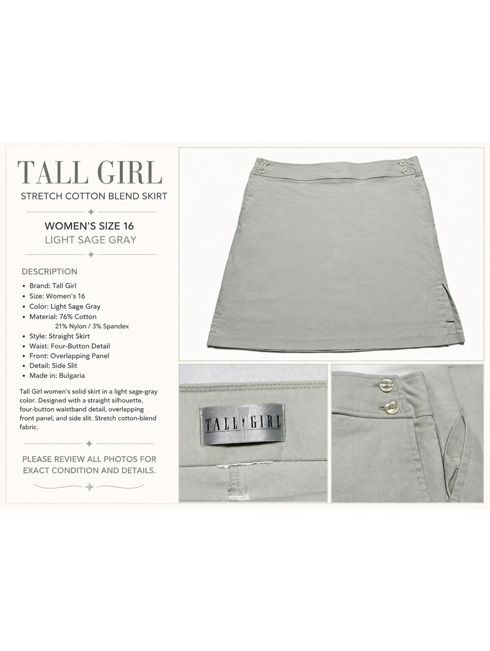 Tall Girl Women’s Size 16 Sage Gray Stretch Cotton Blend Side Slit Skirt